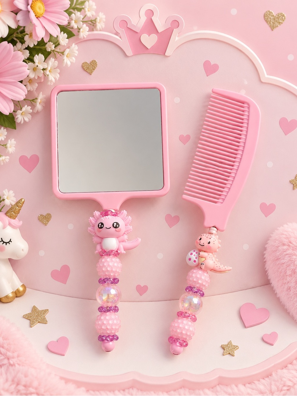 Hand Crafted Pink Kids Mirror and Comb Set with Dino Beaded Handles